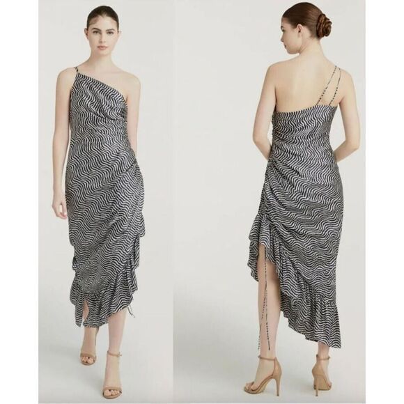 Cinq Sept Christel Silk Side Ruched Ruffled Midi Dress Size XS/0 - Picture 5 of 10